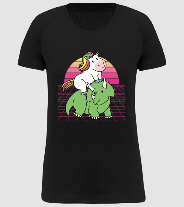 Unicorn pe dinozaur retro model negru pe tricou
