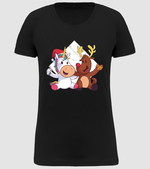 Unicorn și Ren prietenie tricou drăguț de Crăciun model negru pe tricou