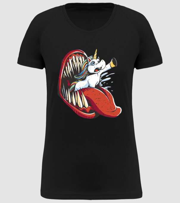 În gura monstrului Unicorn model negru pe tricou