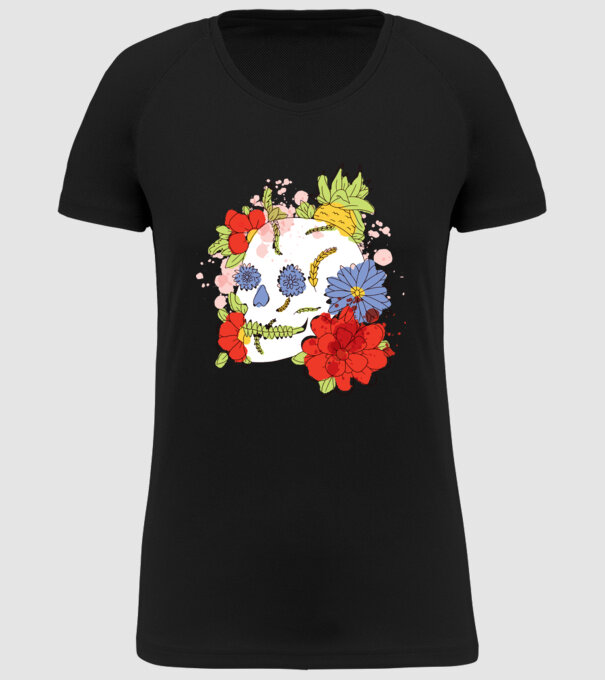 Craniu cu Flori model negru pe tricou