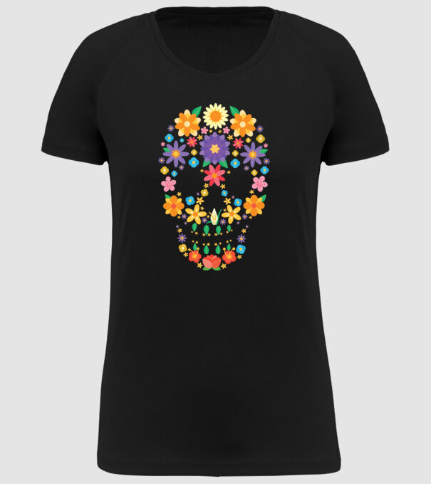 Craniu cu Flori model negru pe tricou