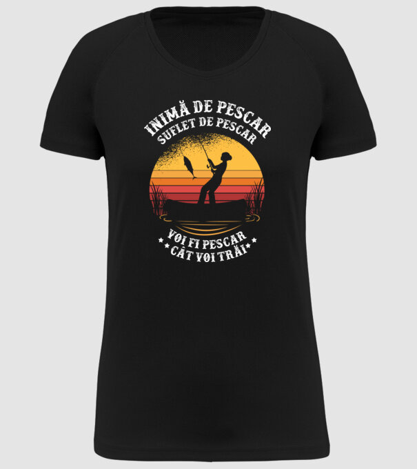 inimă de pescar, suflet de pescar, voi fi pescar cât voi trăi model negru pe tricou