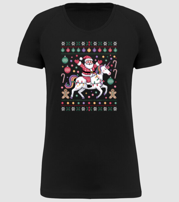 Moș Crăciun pe un pulover urât unicorn model negru pe tricou