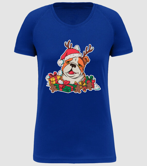 Bulldog de Crăciun model albastru regal pe tricou