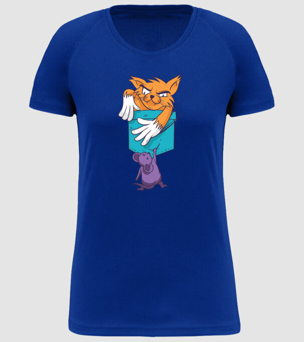 Pisică cu șoarece buzunar model albastru regal pe tricou