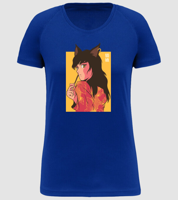 Pisică Fată Anime model albastru regal pe tricou