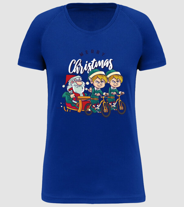 Merry Christmas Moș Crăciun cu sanie cu bicicletă model albastru regal pe tricou