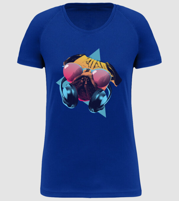 Mops cu căști model albastru regal pe tricou