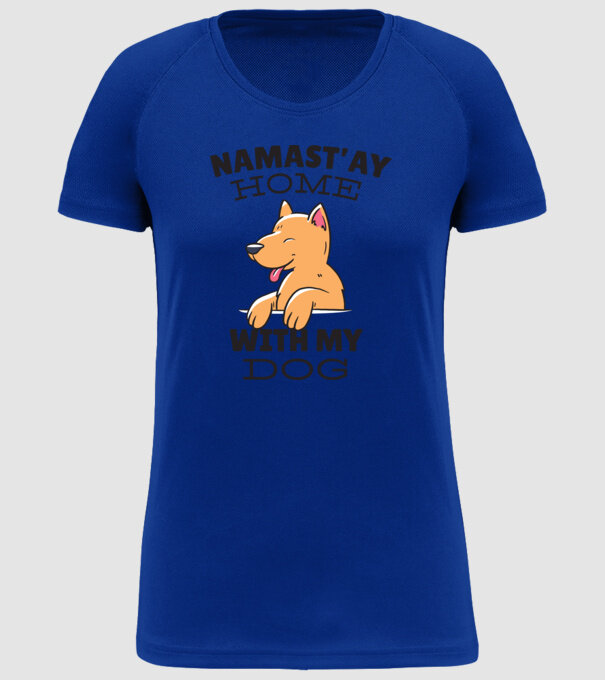 'Namast''ay Home with my Dog -Yoga Carantină' model albastru regal pe tricou