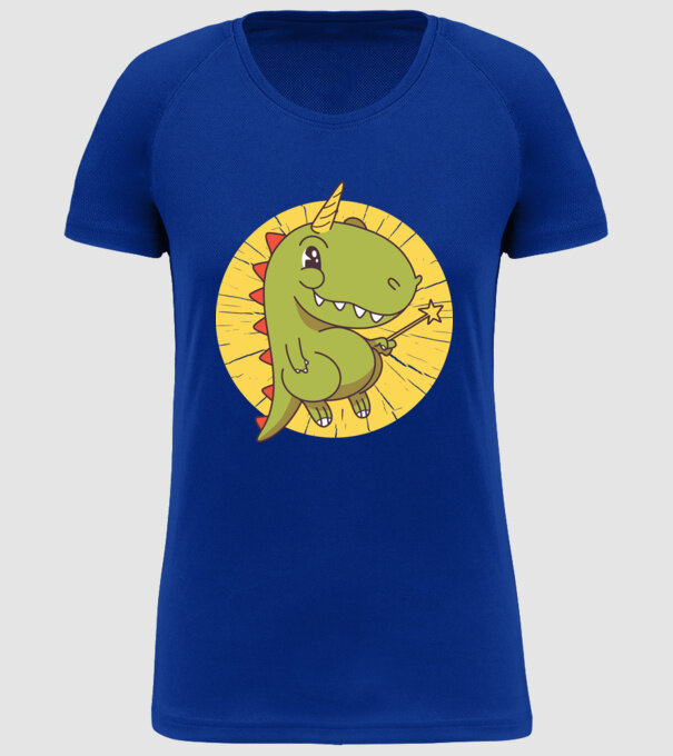 T-rex Unicorn cu baghetă magică model albastru regal pe tricou