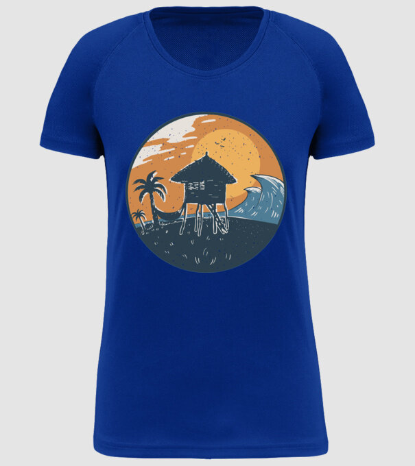 Bungalou pe plajă model albastru regal pe tricou