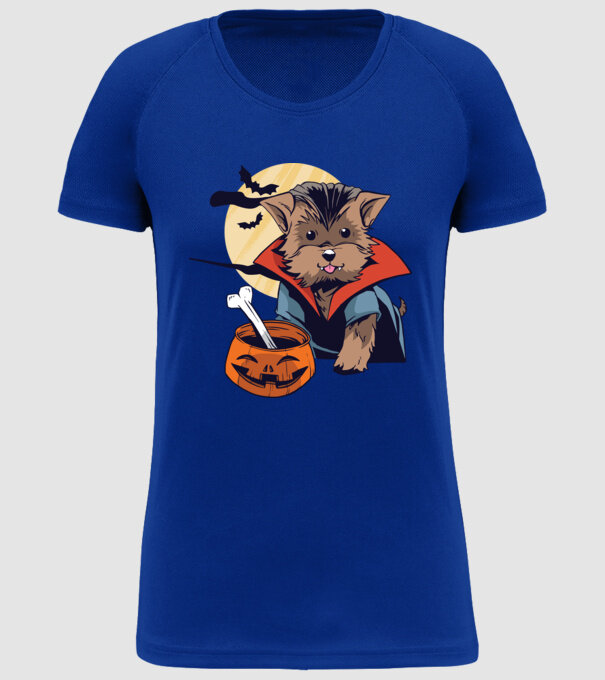 Vampir Yorkie Halloween model albastru regal pe tricou