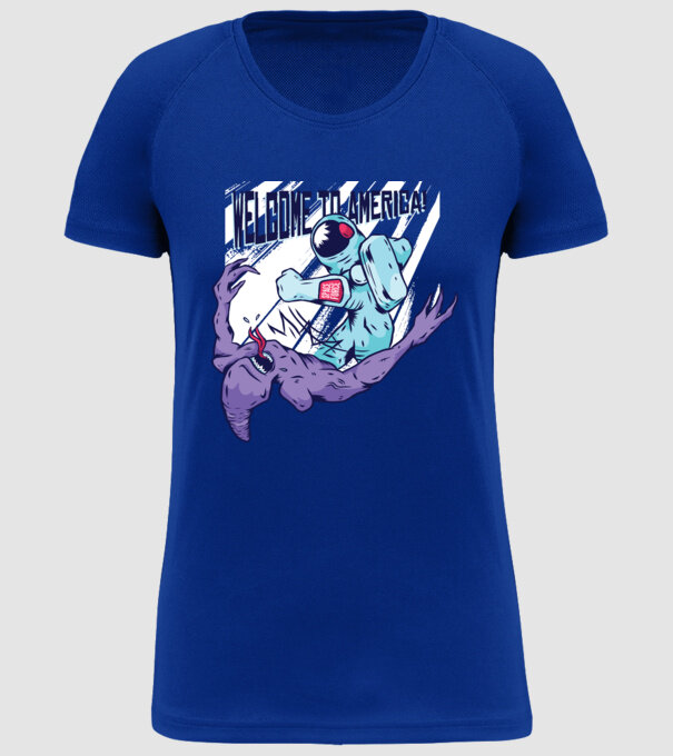 Welcome To America model albastru regal pe tricou