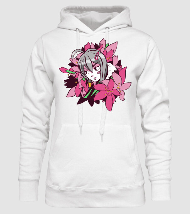 Anime fată printre flori model alb pe tricou