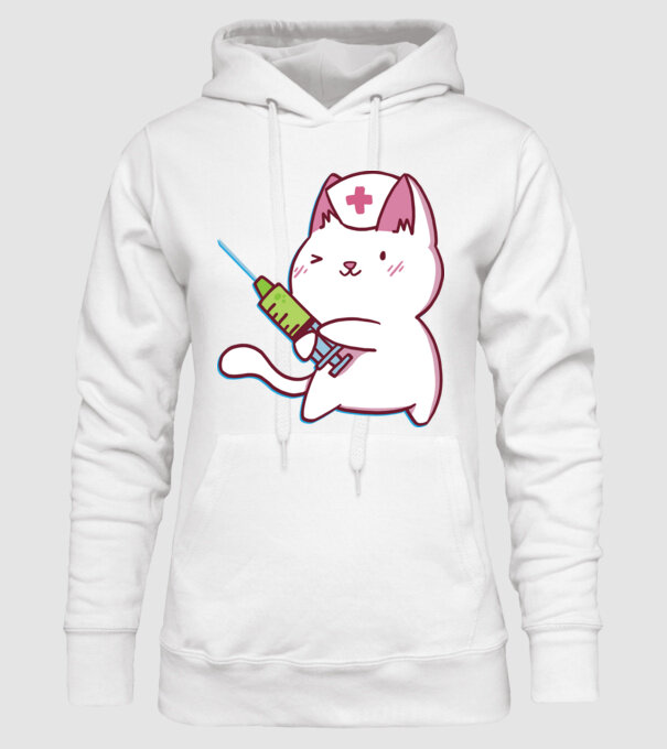 Pisică asistent medical cu vaccin model alb pe tricou