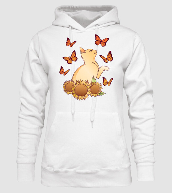 Pisică cu fluturi model alb pe tricou
