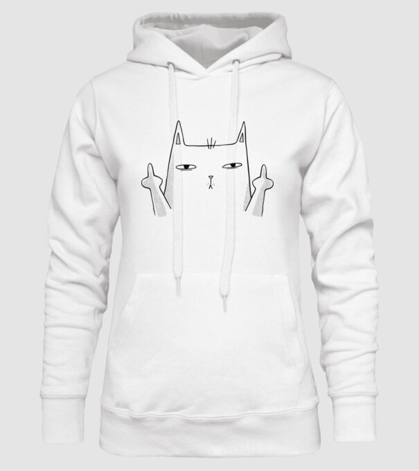 Pisică desen arată degetul model alb pe tricou