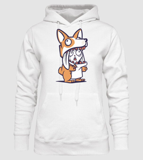 Iepuraș drăguț în costum Corgi model alb pe tricou