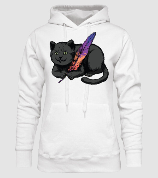 Pisicuță neagră cu pene model alb pe tricou