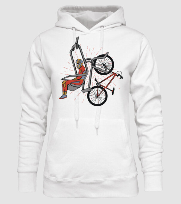 Biciclist montain bike pe teleferic model alb pe tricou