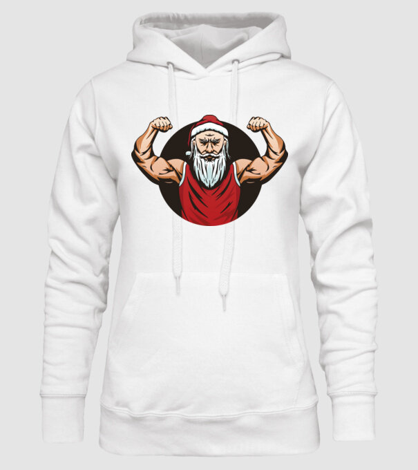 Moș Crăciun musculos model alb pe tricou