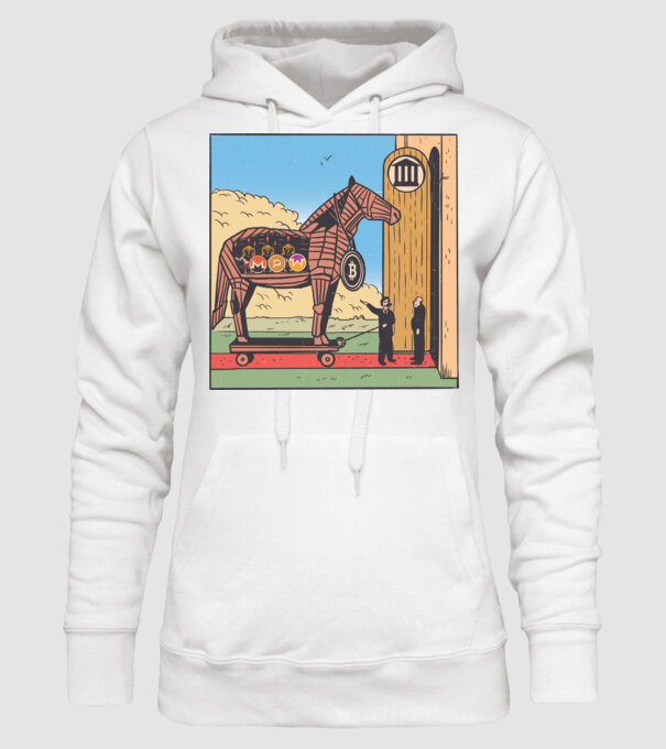 Cal troian Bitcoin model alb pe tricou