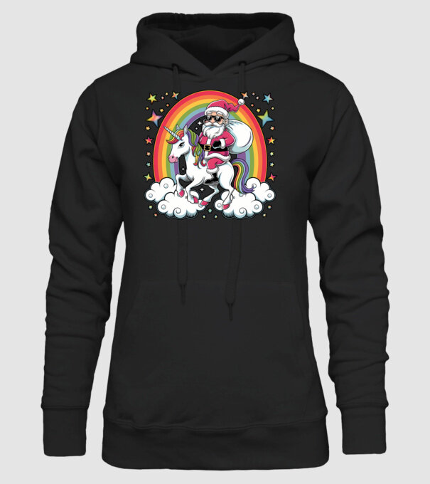 Moș Crăciun cool pe un unicorn model negru pe tricou