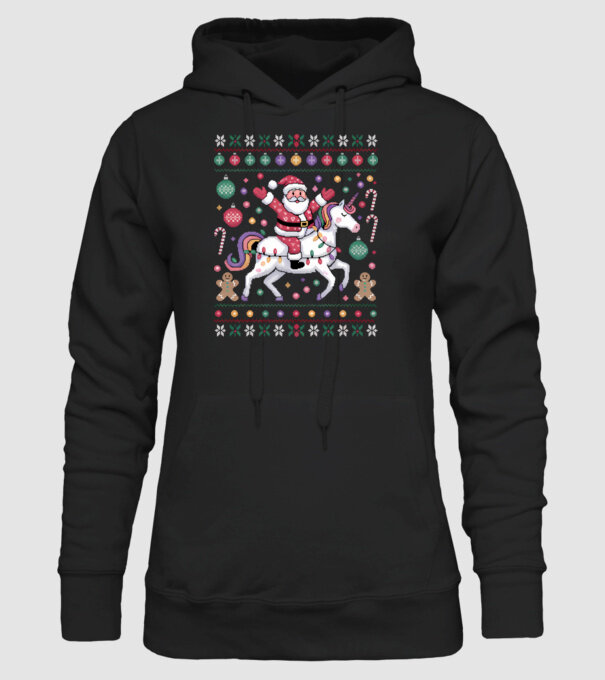 Moș Crăciun pe un pulover urât unicorn model negru pe tricou