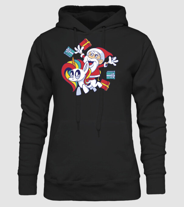 Moș Crăciun pe un unicorn model negru pe tricou