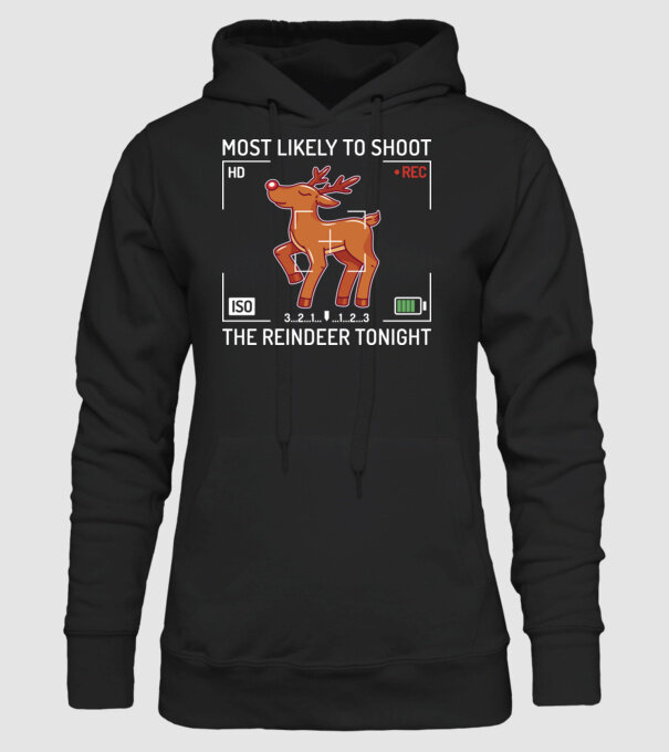 Most likely to shoot the reindeer tonight model negru pe tricou