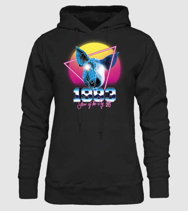 1983 Year of the Pig model negru pe tricou
