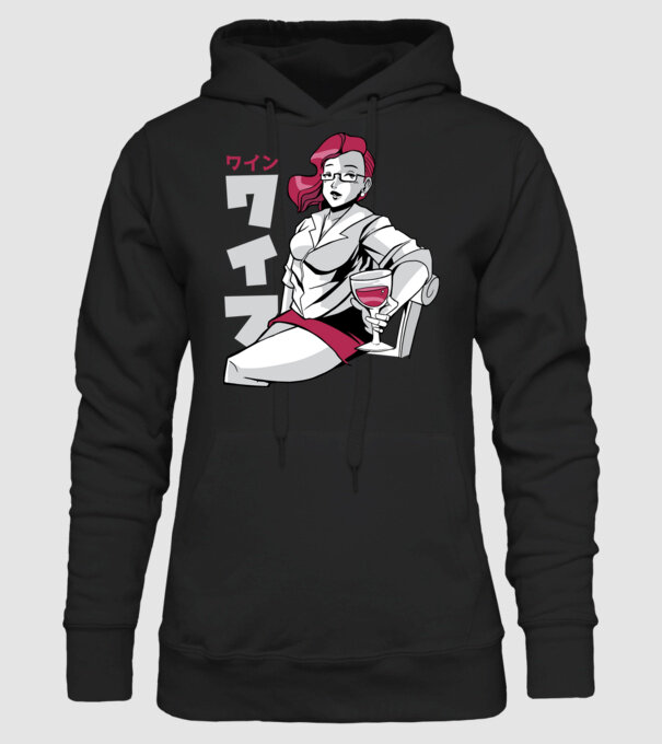 Anime fată cu vin model negru pe tricou