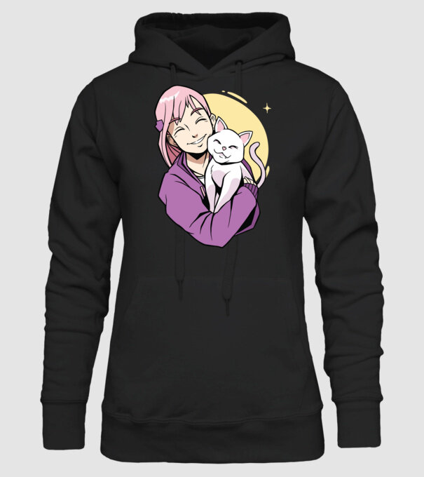 Anime fată cu pisică model negru pe tricou