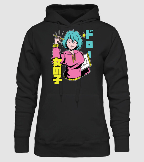 Anime fată desenând model negru pe tricou