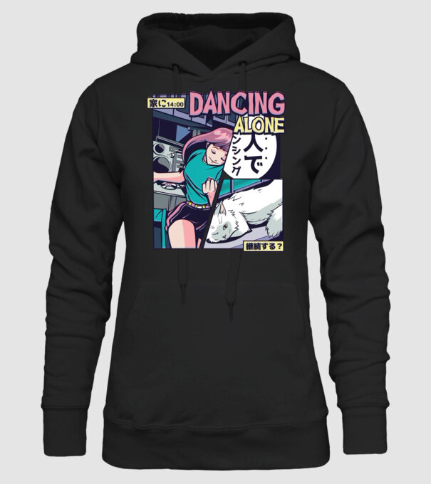 Anime Vaporwave Dancing Alone model negru pe tricou