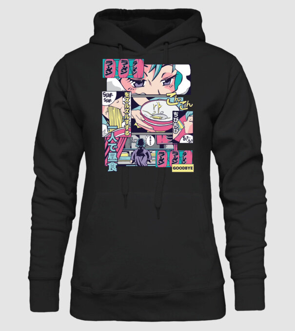 Anime Vaporwave Ramen model negru pe tricou