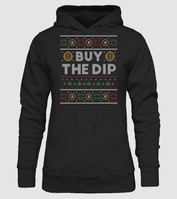 Buy the Dip Bitcoin Ugly Sweater model negru pe tricou