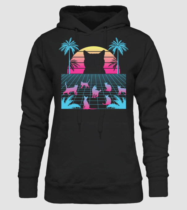 Pisică Vaporwave neon model negru pe tricou