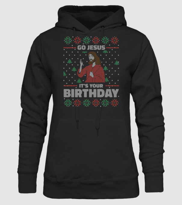 'Go Jesus, It''s Your Birthday Ugly Sweater' model negru pe tricou