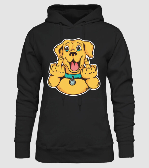 Golden Retriever arată degetul model negru pe tricou