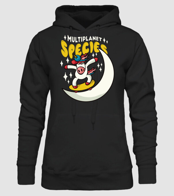 Skateboarding unicorn model negru pe tricou