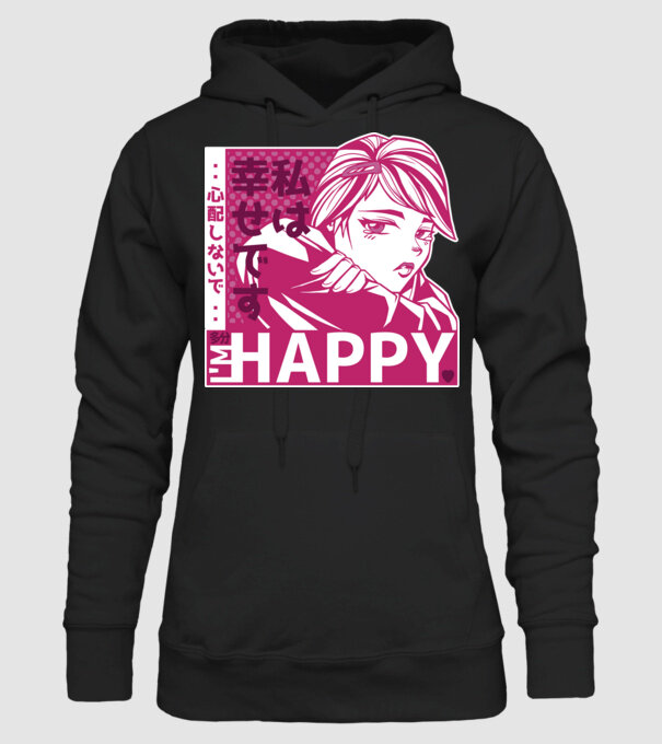 'I''m happy fată Anime antisocială' model negru pe tricou