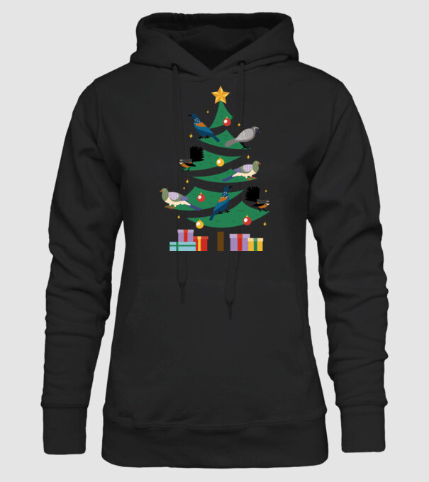 Pom de Crăciun cu păsări model negru pe tricou