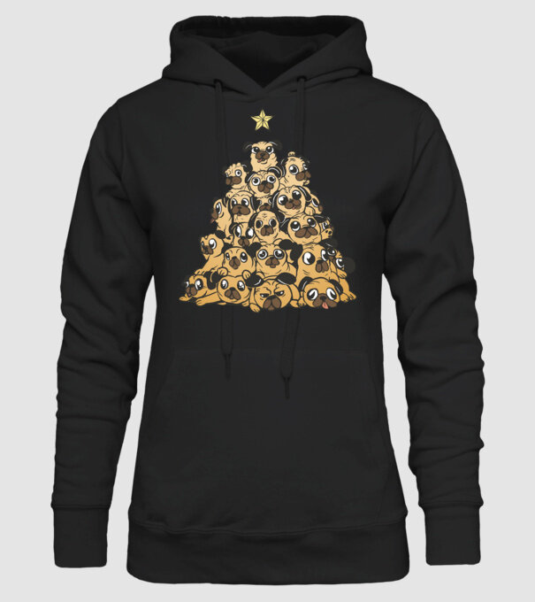 pom de Crăciun cu cățel (mops) model negru pe tricou