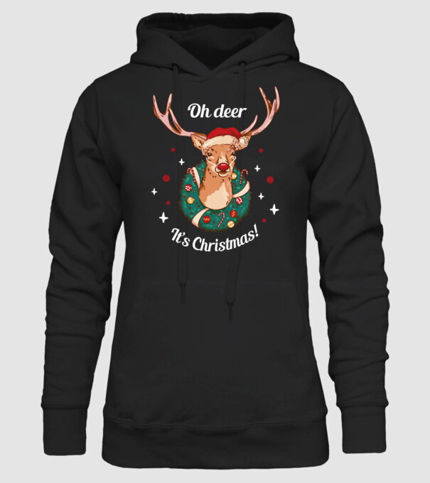 Oh deer, Christmas is here model negru pe tricou