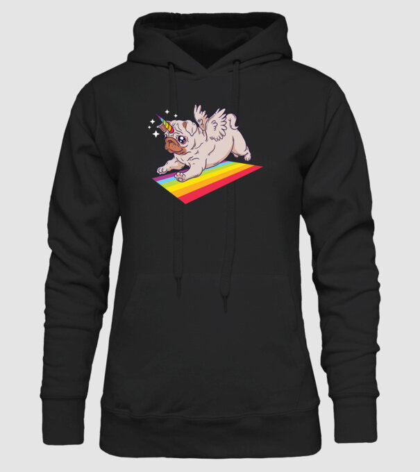 Pugicorn - mops unicorn model negru pe tricou