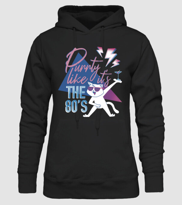 'Purrty Like it''s the 80''s' model negru pe tricou