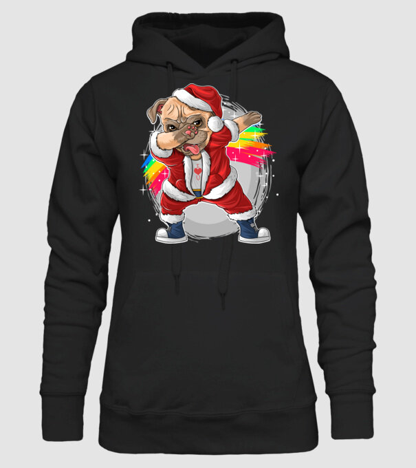 Santa Mops Moș Crăciun model negru pe tricou