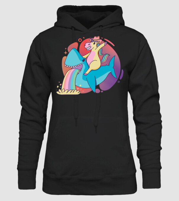 Unicorn pe rechin model negru pe tricou