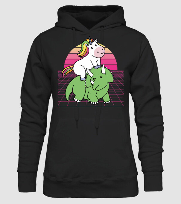Unicorn pe dinozaur retro model negru pe tricou